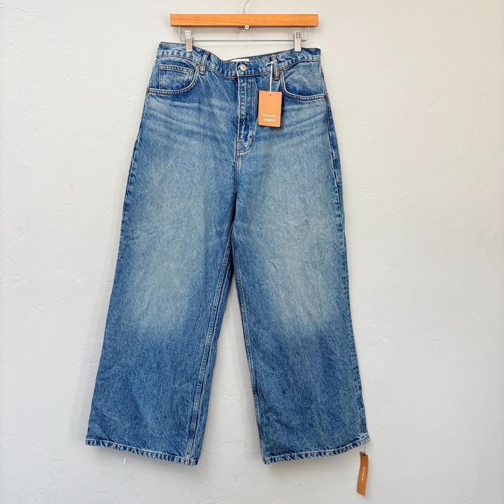 Reformation Cary Jeans Women Size 31 Blue High Rise Slouchy Wide Leg Crop New